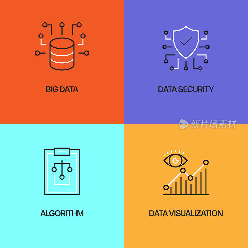 大数据相关的矢量细线图标。轮廓符号集合