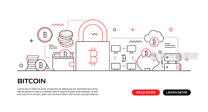 比特币网络横幅与线性图标，新潮的线性风格矢量