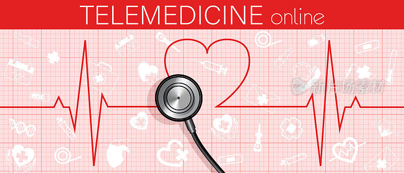 远程医疗和创新技术的概念在平面风格。心脏病。心率在心脏的形状与听诊器的背景与医学图标的心电图。