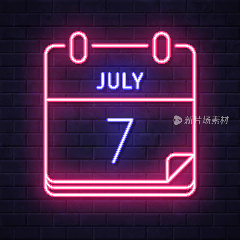 7月7日。在砖墙背景上发光的霓虹灯图标