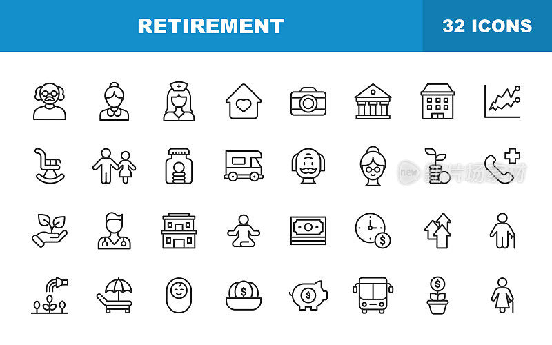 退休线图标。可编辑的中风。包含这样的图标，高级，储蓄，投资，假期，退休之家，园艺，保险，预算，存钱罐，金融，钱。