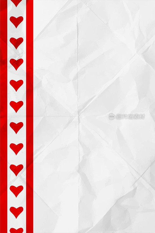 边界设计在纯红色条纹在左边缘包含一排小心形在纯白色纹理褶皱皱巴巴的白纸矢量情人节主题垂直背景折叠皱纹和折痕