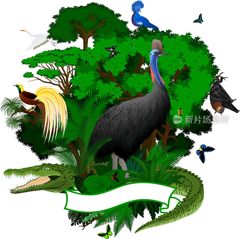 带有鳄鱼，果蝠，维多利亚冠鸽，食火鸡，苍鹭，小极乐鸟鬣蜥和鸟翼蝴蝶的巴布亚新几内亚丛林徽章