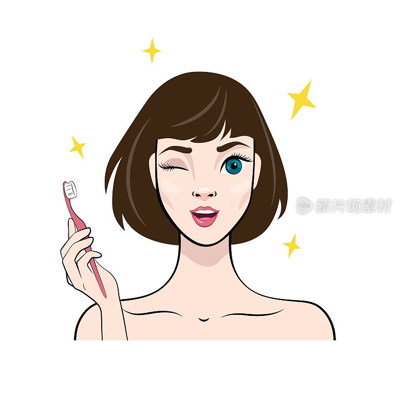美丽的年轻女子用牙刷孤立在白色的背景上。矢量插图卡通风格