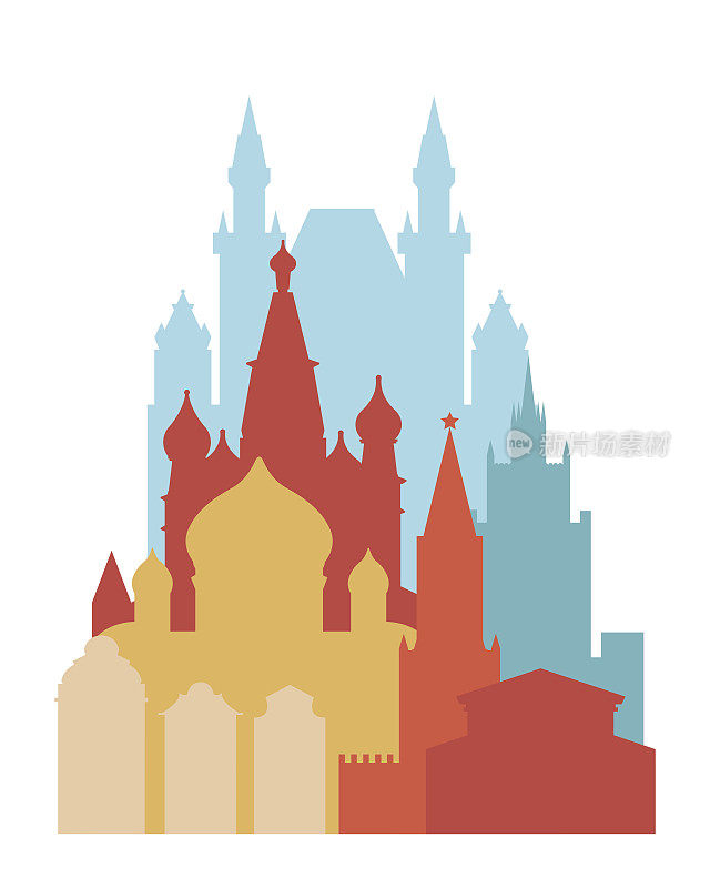 俄罗斯，莫斯科。城市的建筑。Spasskaya塔，救世主大教堂，圣巴西尔大教堂，大剧院，莫斯科国立大学。具有历史意义的建筑。矢量插图。