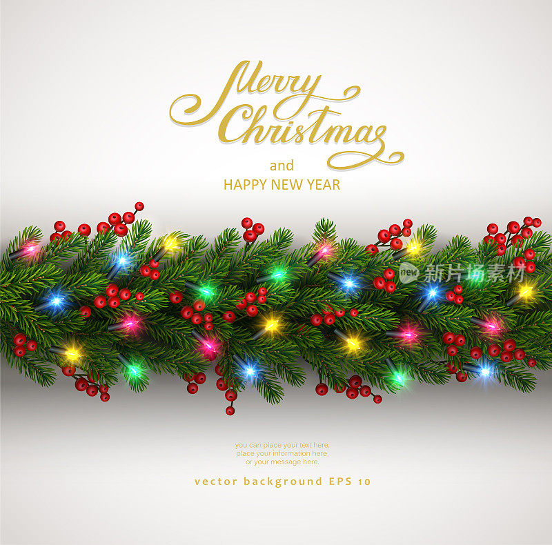 圣诞背景与冷杉树和电子花环