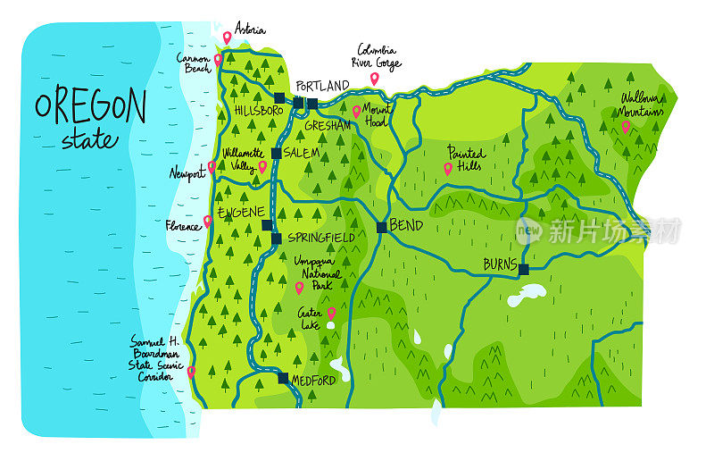 俄勒冈州手绘地图