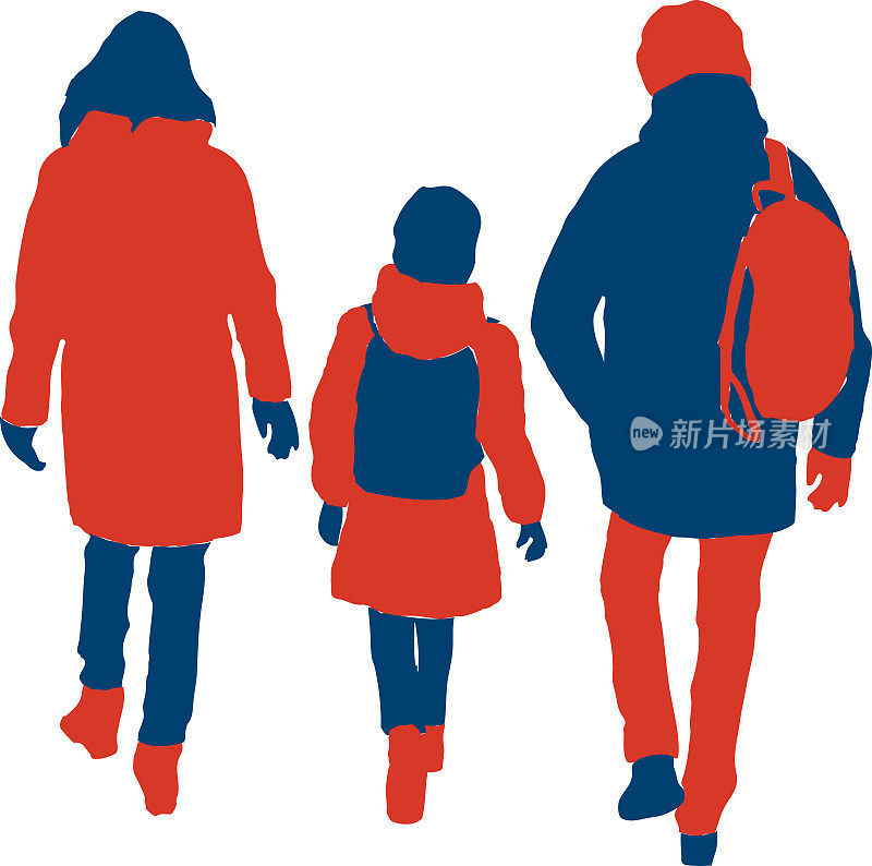 矢量图的轮廓父母与他们的孩子在户外散步