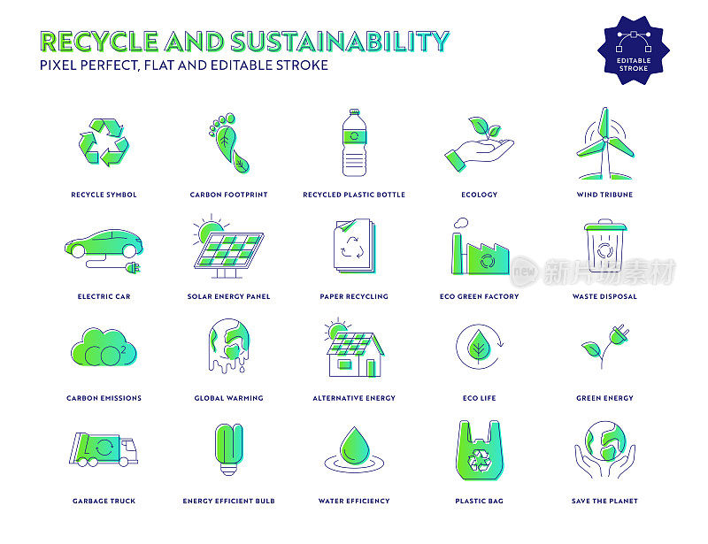 循环和可持续性的平面图标设置可编辑的笔触和像素完美。