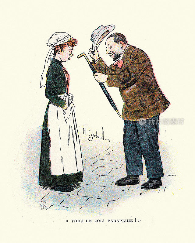 给女仆一把伞的男人，维多利亚时代，19世纪
