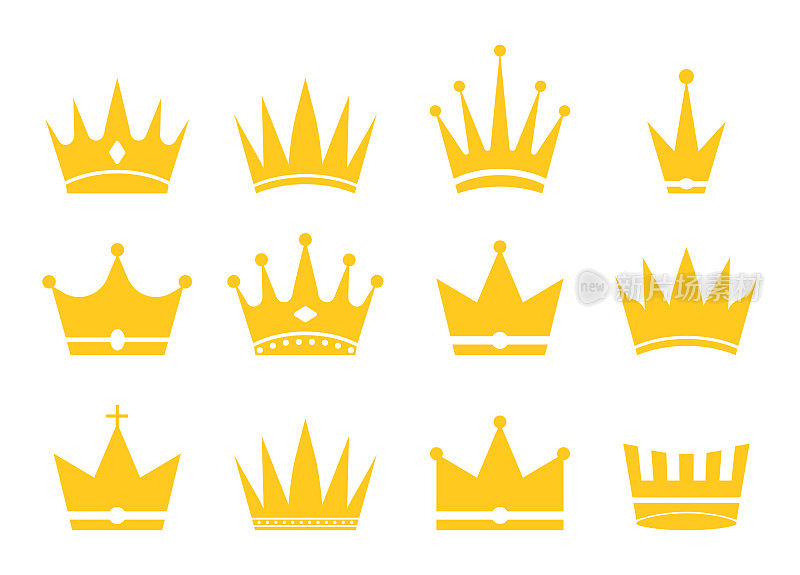 王冠是为国王、王后、公主和王子准备的。皇室装饰的金色图标。金色皇冠的剪影象征着财富和帝王的威严。一套标志的溢价或涂鸦风格。向量