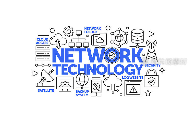 网络技术相关的网页横幅线条风格。现代线性设计矢量插图的网站横幅，网站标题等。