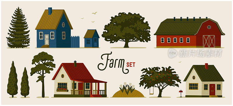 农场。各种乡村房屋，谷仓和不同的树木