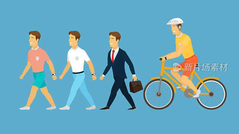 一套服装为一个休闲时尚男士，手表，运动，商务套装，休闲，牛仔裤，t恤，衬衫，短裤，在蓝色背景孤立的形象4个男人。平面设计。一辆自行车骑手。卡通视图
