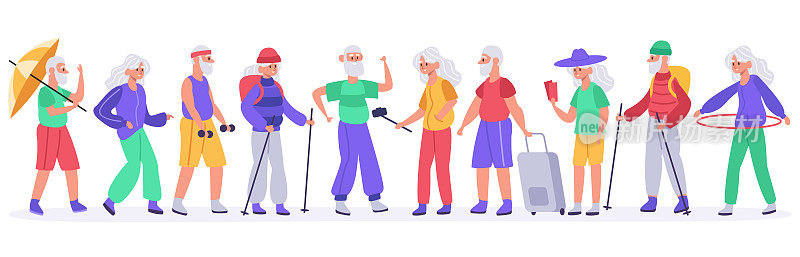 老年人。人群活跃的老年老人，健康的奶奶，爷爷娱乐，老年男女矢量插图集