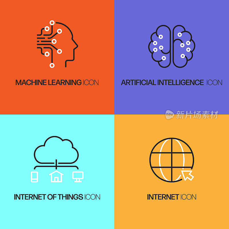 工业4.0相关线条图标。向量符号说明。