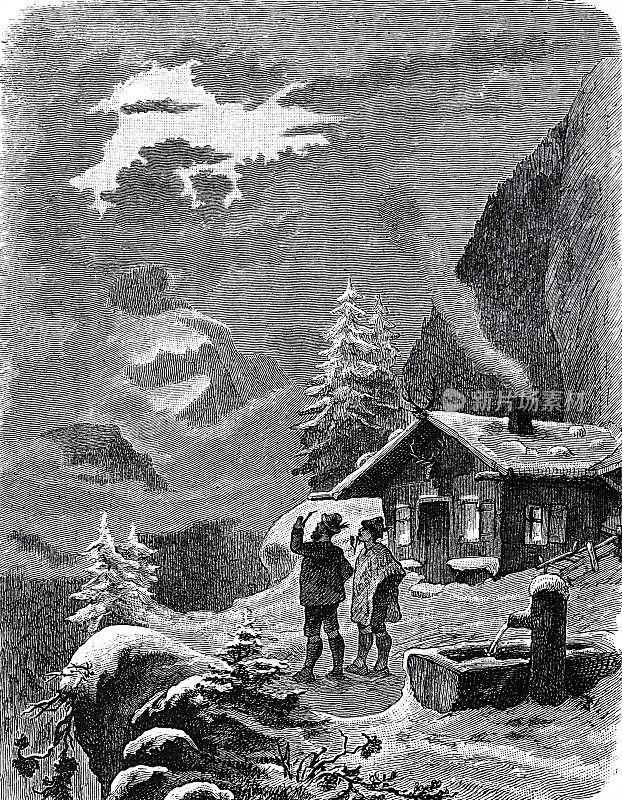 猎人圣诞在高山上，户外