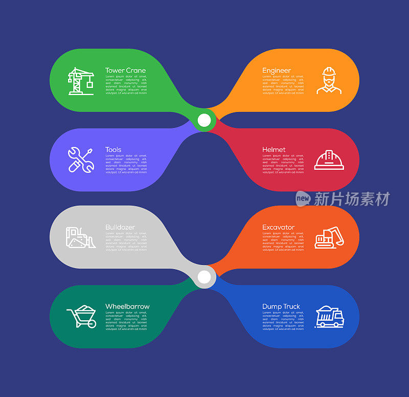 信息图表设计模板。塔吊,工程师,头盔,工具,推土机,挖掘机,手推车,自卸卡车图标8个选项或步骤。