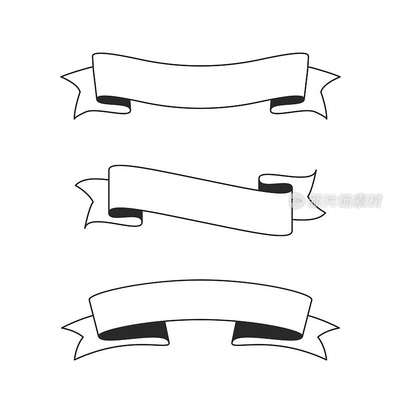 一套丝带，横幅(轮廓，线条艺术)-设计元素在白色的背景