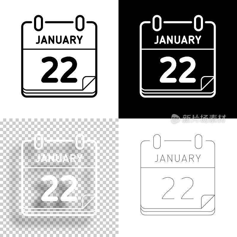 1月22日。图标设计。空白，白色和黑色背景-线图标