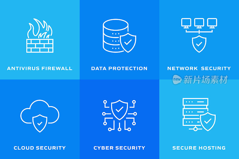 网络安全，数据安全相关线路图标。矢量轮廓符号说明。