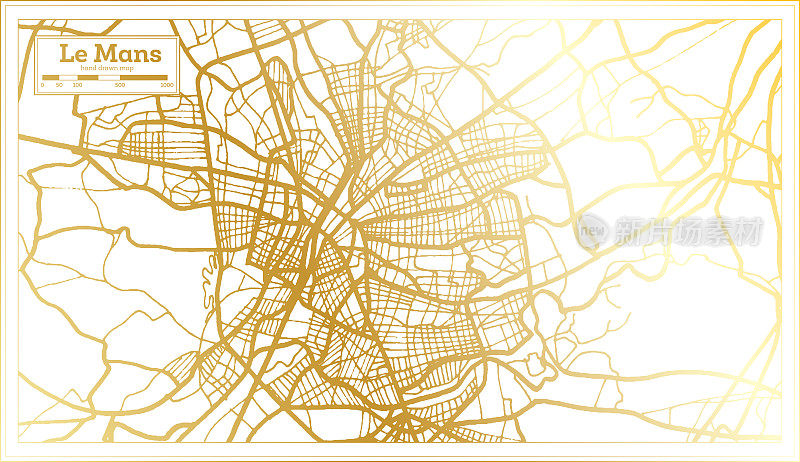 勒芒法国城市地图在复古风格在金色。略图。