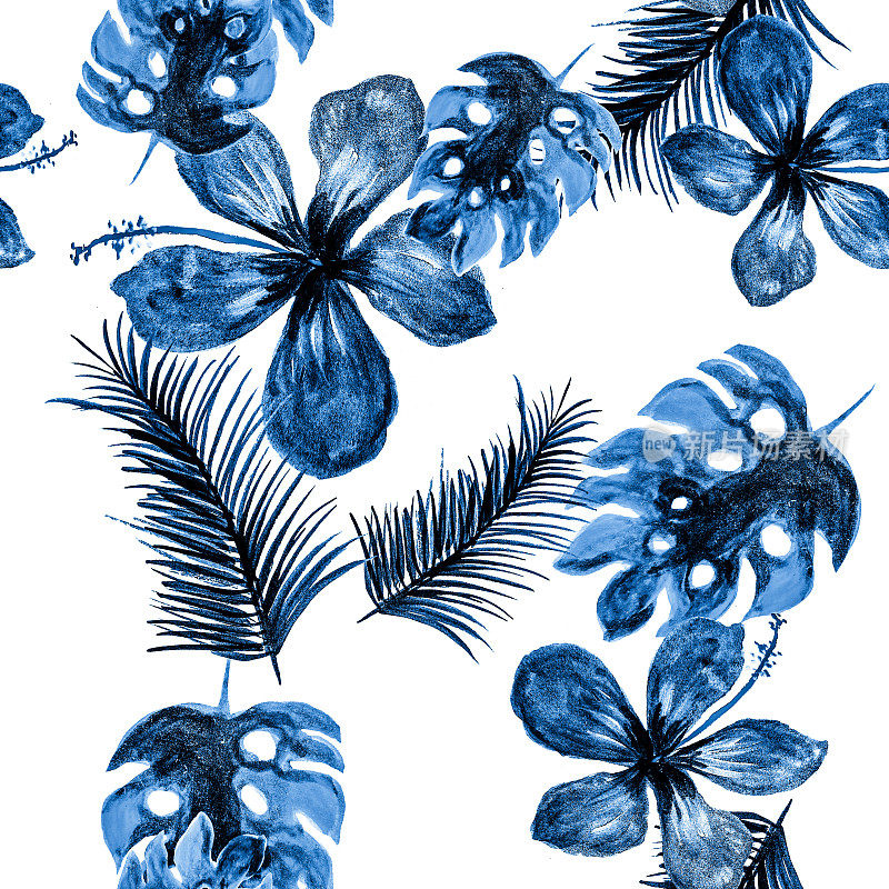 蓝色的无缝的树叶。海军模式。钴热带纺织。白色的壁纸。靛蓝棕榈。Azure装饰异国情调。蓬莱蕉树叶。