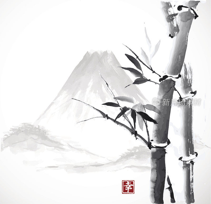 竹和山，用墨水手绘