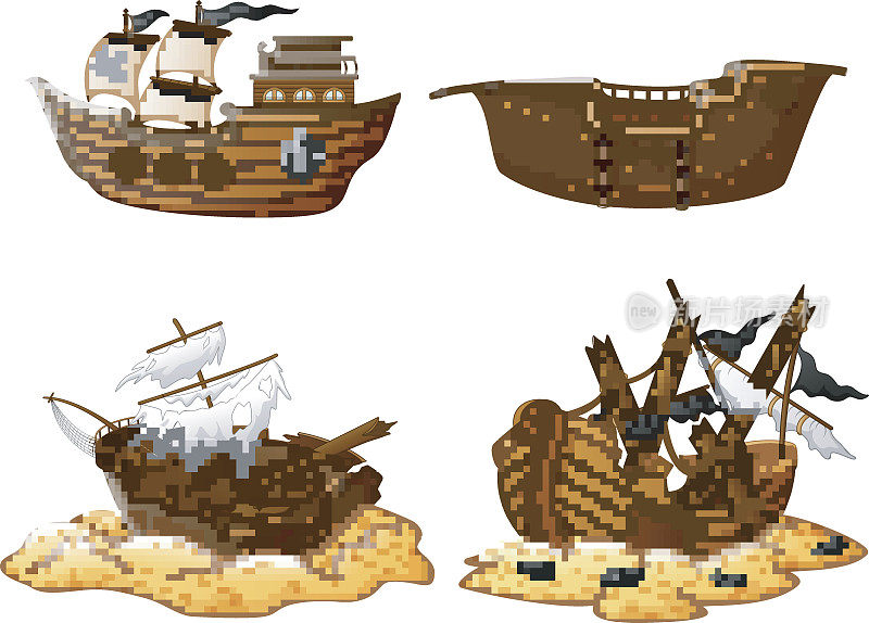 一组破碎的海盗船