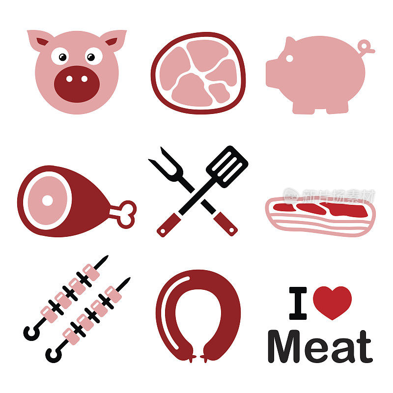 猪，猪肉-粉红火腿和培根图标集