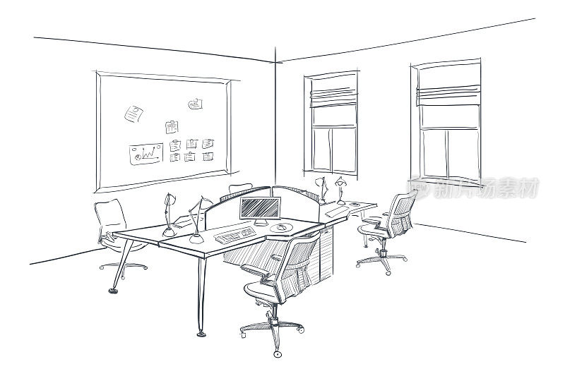 开放空间办公室的现代室内草图。