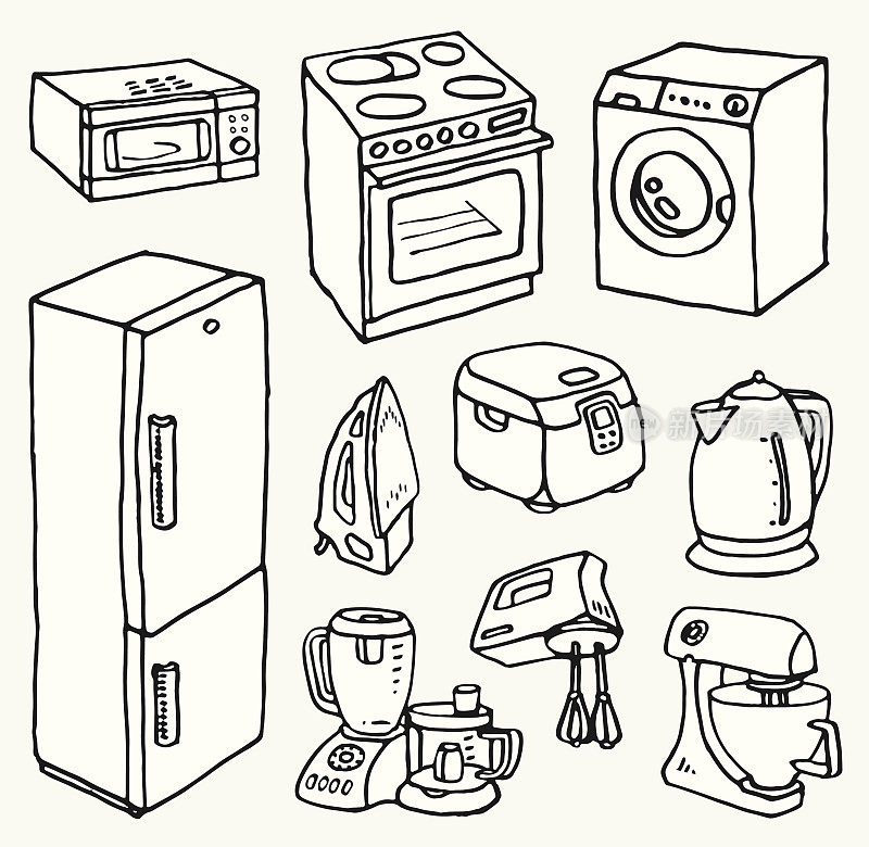 卡通手绘家用电器用于烹饪和清洁