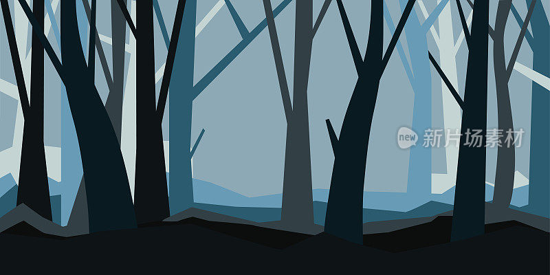 黄昏无叶的森林。朦胧的风景。水平矢量插图的夜森林在雾。