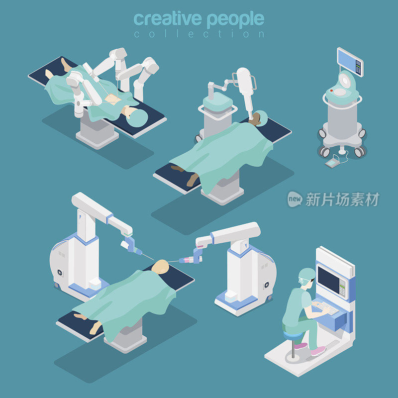 等距平面医院现代化设备，机器人辅助脑外科矢量插图。医疗保健，创新医学三维等距概念。医生，操作员，病人。