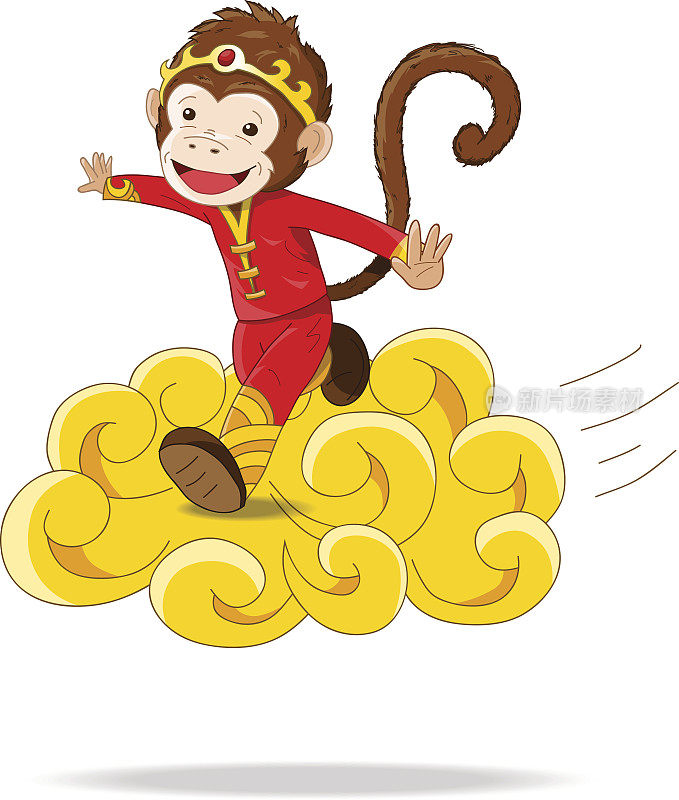 神奇的中国猴子在漂浮的金云上飞行