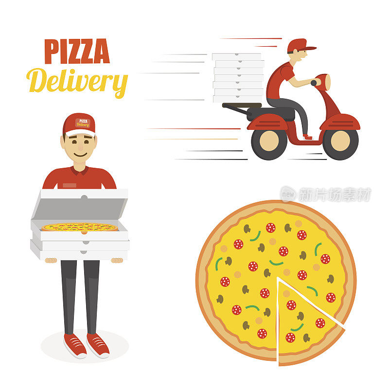 披萨，摩托车和送货员。快速交付的概念