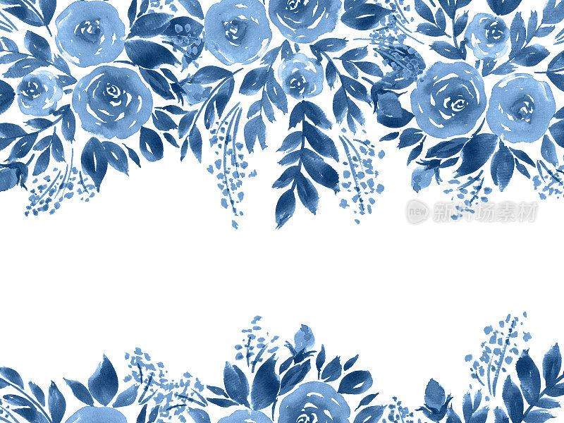 水彩玫瑰贺卡。手工绘制的花卉构成在靛蓝色
