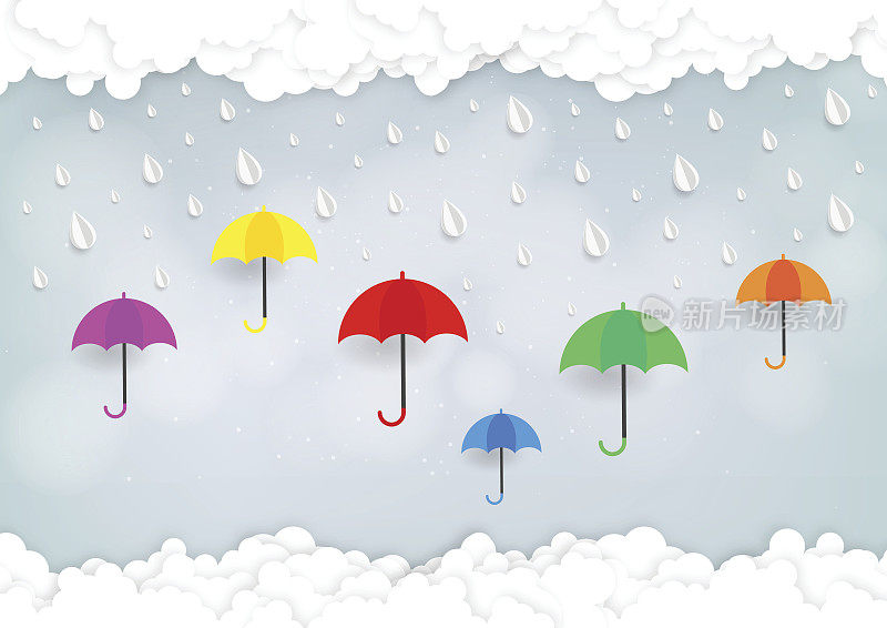 折纸制成五颜六色的保护伞，以遮挡雨云为背景。纸艺术风格。矢量图