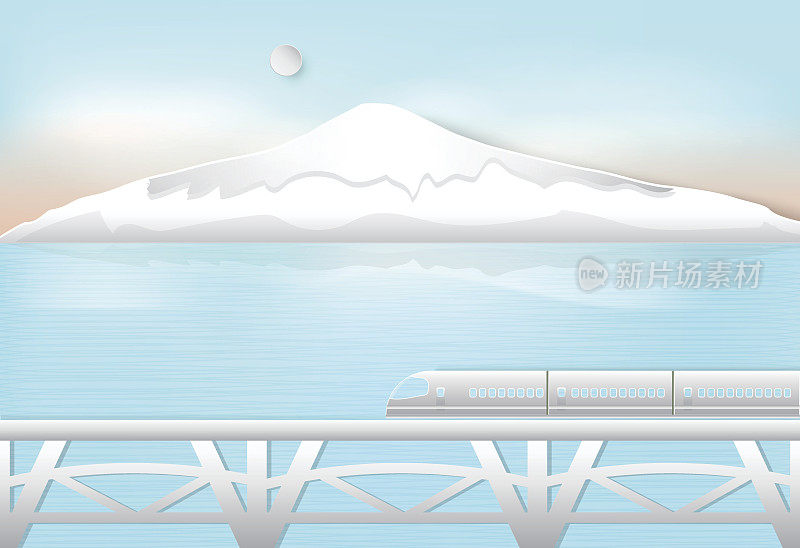 高速列车穿越湖泊和高山，以大自然为背景。纸艺术，剪纸风格