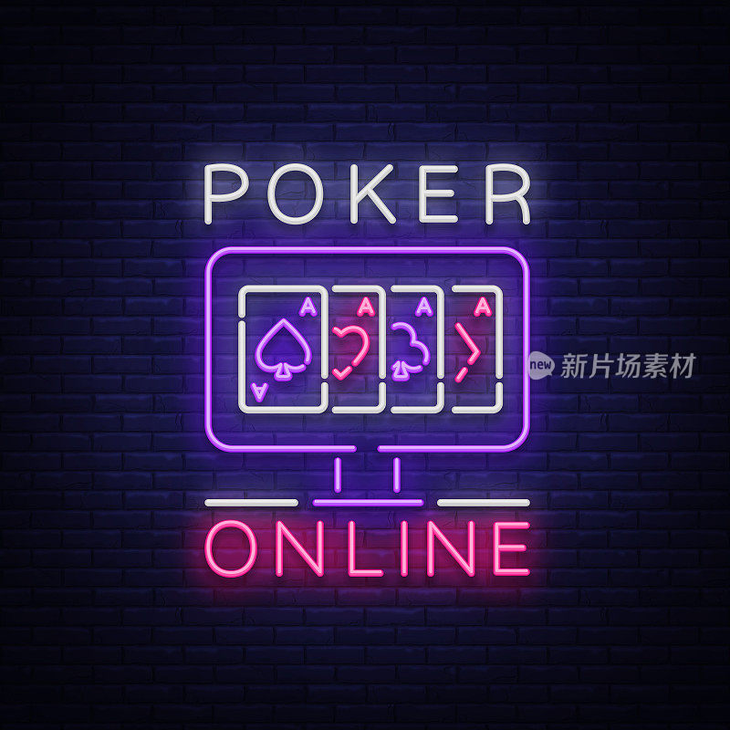 在线扑克游戏是一个霓虹灯。象征在霓虹灯风格svityaschyysya明亮的横幅广告牌之夜，明亮的霓虹灯扑克，赌场为您的项目。在线游戏币。矢量图
