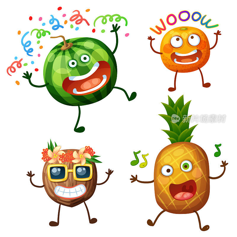 有趣的水果性状孤立在白色背景。emoji快乐的食物。卡通矢量插画:疯狂的西瓜，哇杏，酷椰子，跳舞的菠萝