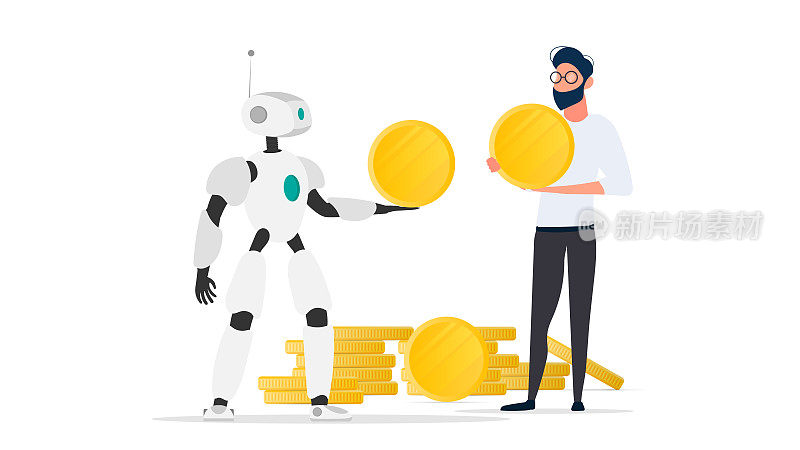 机器人给商人一枚金币。机器人给企业带来利润。盈利、利润和财富的概念。孤立。向量。