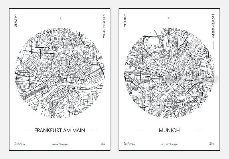 旅游海报，城市街道规划，城市地图，法兰克福和慕尼黑，矢量插图
