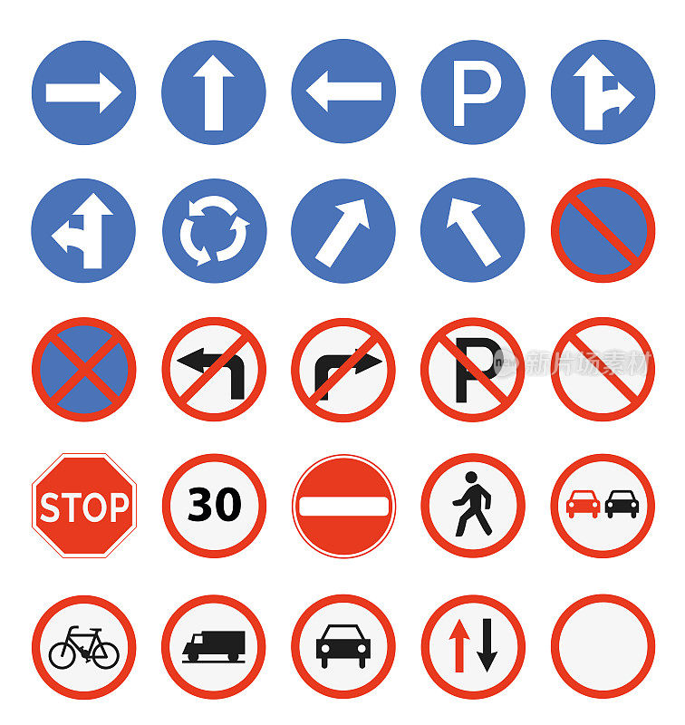 交通路标设置。监管，警告，高速公路限速，限制区域标志和引导字符标志矢量插图收集图形和网页设计。