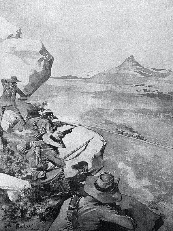 在盎格鲁-布尔战争中，布尔人在山谷的岩石上向火车射击