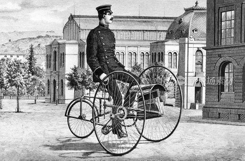 骑自行车、三轮车在斯图加特皇家邮局工作，收集信件和文件