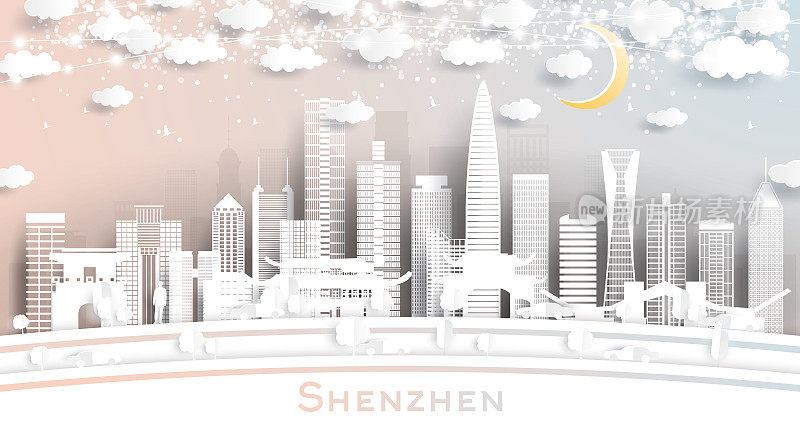 中国深圳剪纸风格的城市天际线与白色建筑，月亮和霓虹灯花环。