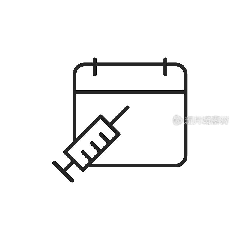 注射器日历，约会线矢量图标。可编辑的中风。像素完美。移动和网络。
