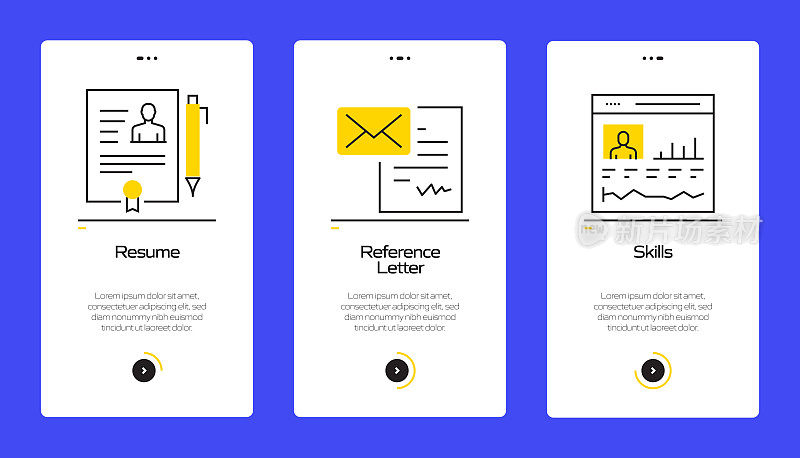 工作和简历概念入职手机应用程序页面屏幕与平面图标。UI设计模板矢量插图