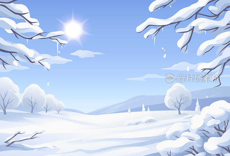 阳光明媚的冬季景观与积雪覆盖的树木